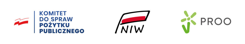 Trzy logotypy instytucji publicznych: po lewej Komitet do Spraw Pożytku Publicznego, pośrodku Narodowy Instytut Wolności – NIW, po prawej Program Rozwoju Organizacji Obywatelskich PROO. Grafika informuje o dofinansowaniu ze środków NIW w ramach programu PROO