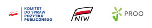 Trzy logotypy instytucji publicznych: po lewej Komitet do Spraw Pożytku Publicznego, pośrodku Narodowy Instytut Wolności – NIW, po prawej Program Rozwoju Organizacji Obywatelskich PROO. Grafika informuje o dofinansowaniu ze środków NIW w ramach programu PROO