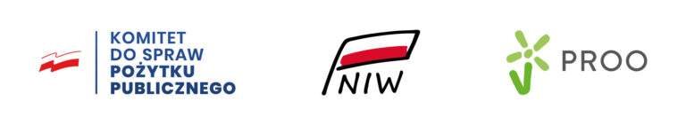 Trzy logotypy instytucji publicznych: po lewej Komitet do Spraw Pożytku Publicznego, pośrodku Narodowy Instytut Wolności – NIW, po prawej Program Rozwoju Organizacji Obywatelskich PROO. Grafika informuje o dofinansowaniu ze środków NIW w ramach programu PROO
