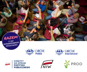 Grupa osób siedzi w czerwonych krzesłach podczas warsztatu. Uczestnicy trzymają kolorowe sznurki tworzące sieć połączeń między nimi, symbolizującą współpracę i integrację. Na dole grafiki znajdują się logotypy: ‘Razem z i bez niepełnosprawności intelektualnej’, L’Arche Polska, L’Arche International, Komitet do Spraw Pożytku Publicznego, NIW oraz PROO.
